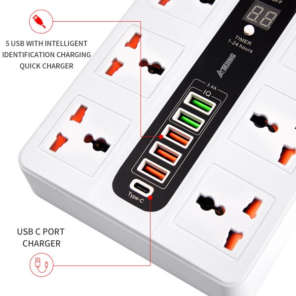 Ultra High Speed SocketBkl-11 Sockets 5 Usb 1 Bd 2 Meter 3000 Watts Power